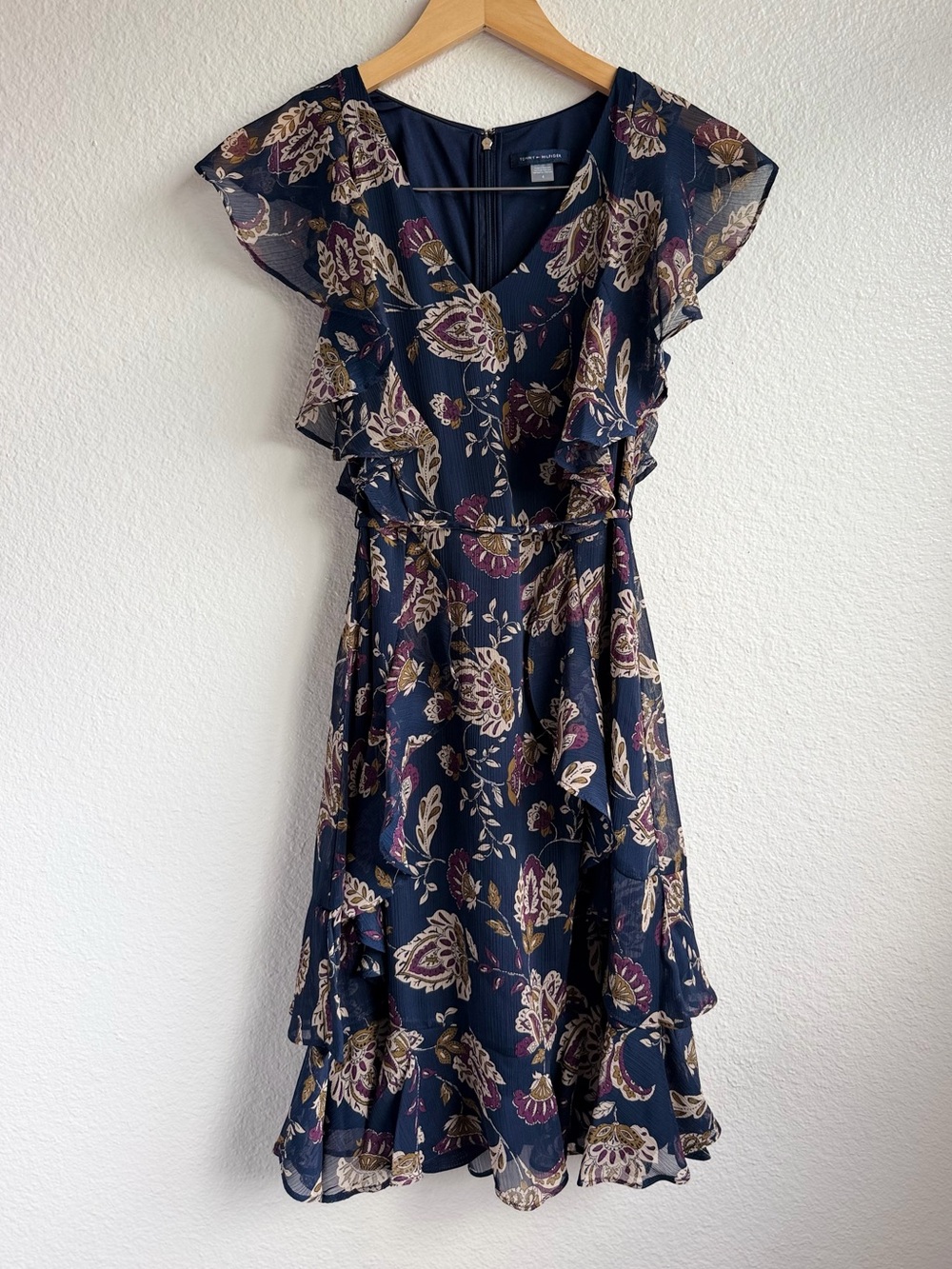 Tommy Hilfiger Navy Paisley Floral Printed Flutter-Sleeve Ruffle Chiffon Dress